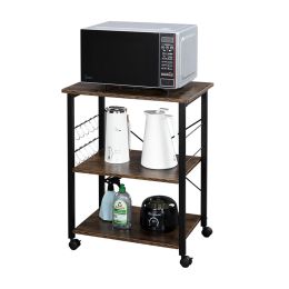 Baker's Rack 3-Tier Kitchen Utility Microwave Oven Stand Storage Cart Workstation Shelf(Vintage Board Top Black Metal Frame) RT(D0102HEC8VU)