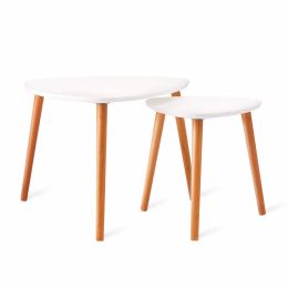 Nesting Coffee Tables Set of 2, Modern Furniture Decor Side End Table for Living Room, Office, Balcony, Easy Assembly, Triangle, White/Rubber Wood Leg