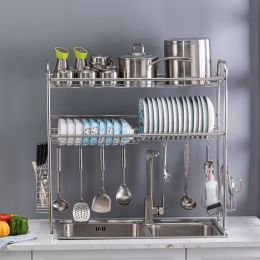 Over Sink Dish Rack, 2 Tier Stainless Steel Dish Rack Rustproof Durable Above Kitchen Sink Shelf Dish Drainer, Silver(D0102HEVGCY)