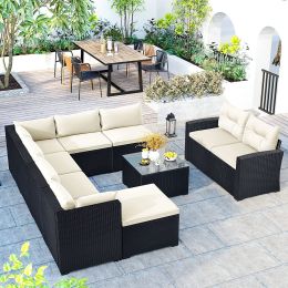 9-piece Outdoor Patio Large Wicker Sofa Set, Rattan Sofa set for Garden, Backyard,Porch and Poolside, Gray wicker(D0102HPKD4A)