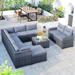 9-piece Outdoor Patio Large Wicker Sofa Set, Rattan Sofa set for Garden, Backyard,Porch and Poolside, Gray wicker(D0102HPKDNU)