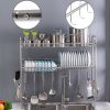 Over Sink Dish Rack, 2 Tier Stainless Steel Dish Rack Rustproof Durable Above Kitchen Sink Shelf Dish Drainer, Silver(D0102HEVGCY)